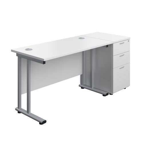 Twin Upright Rectangular Desk + Desk High 3 Drawer Pedestal (FSC) 1200X600 White/Silver