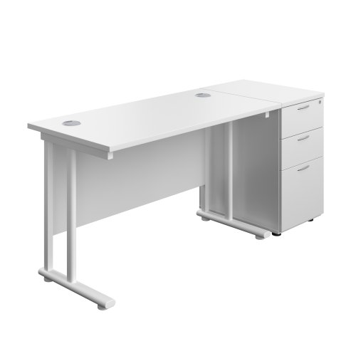 Twin Upright Rectangular Desk + Desk High 3 Drawer Pedestal (FSC) 1200X600 White/White