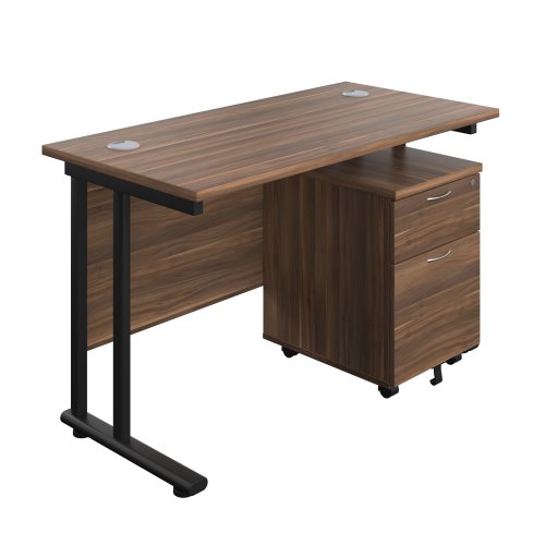 Twin Upright Rectangular Desk + Mobile 2 Drawer Pedestal (FSC) 1200X600 Dark Walnut/Black