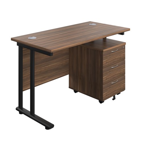 Twin Upright Rectangular Desk + Mobile 3 Drawer Pedestal (FSC) 1200X600 Dark Walnut/Black