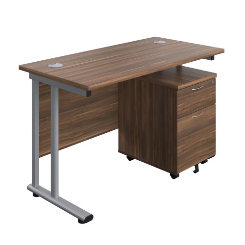 Twin Upright Rectangular Desk + Mobile 2 Drawer Pedestal (FSC) 1200X600 Dark Walnut/Silver