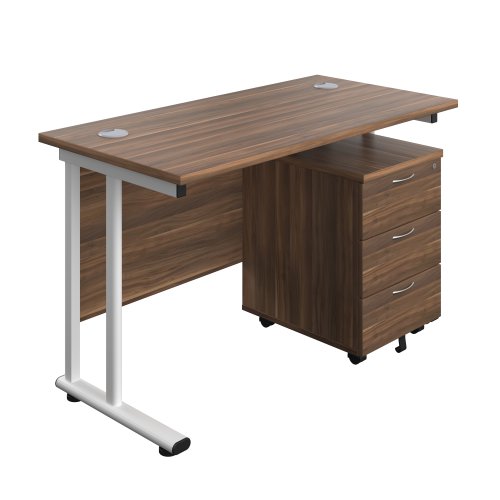 Twin Upright Rectangular Desk + Mobile 3 Drawer Pedestal (FSC) 1200X600 Dark Walnut/White