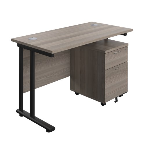 Twin Upright Rectangular Desk + Mobile 2 Drawer Pedestal (FSC) 1200X600 Grey Oak/Black