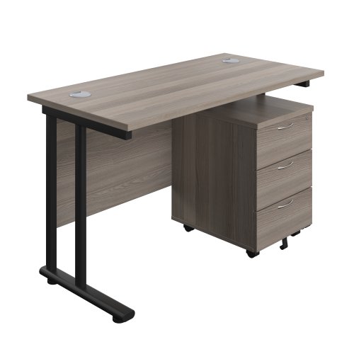 Twin Upright Rectangular Desk + Mobile 3 Drawer Pedestal (FSC) 1200X600 Grey Oak/Black