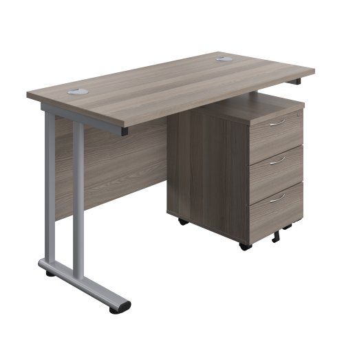 Twin Upright Rectangular Desk + Mobile 3 Drawer Pedestal (FSC) 1200X600 Grey Oak/Silver