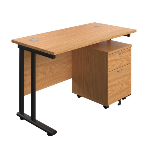 Twin Upright Rectangular Desk + Mobile 2 Drawer Pedestal (FSC) 1200X600 Nova Oak/Black