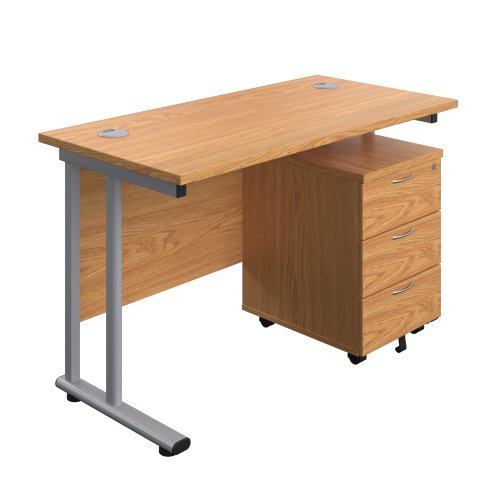 Twin Upright Rectangular Desk + Mobile 3 Drawer Pedestal (FSC) 1200X600 Nova Oak/Silver