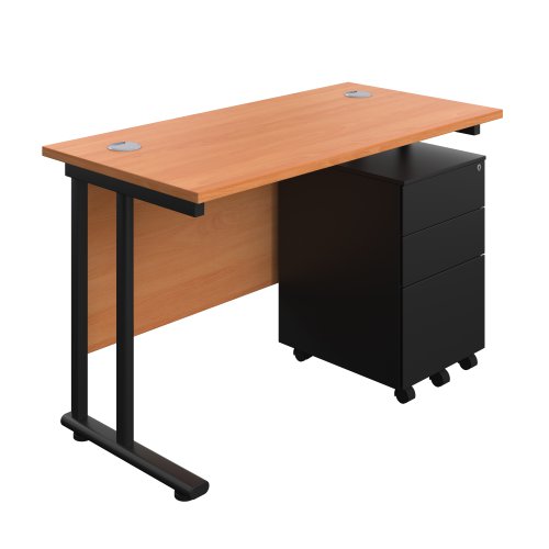 Twin Upright Rectangular Desk + Under Desk Steel Pedestal 3 Drawers (FSC) 1200X600 Beech/Black