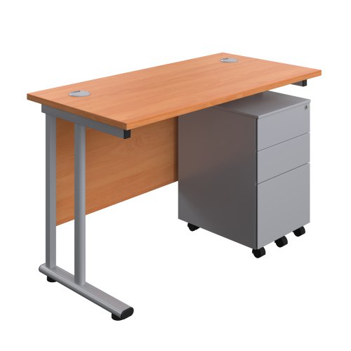 Twin Upright Rectangular Desk + Under Desk Steel Pedestal 3 Drawers (FSC) 1200X600 Beech/Silver