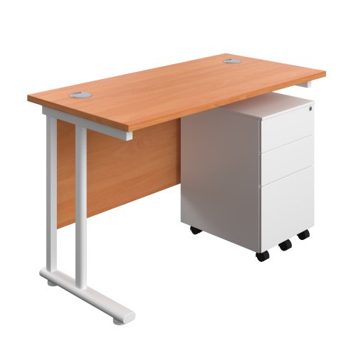 Twin Upright Rectangular Desk + Under Desk Steel Pedestal 3 Drawers (FSC) 1200X600 Beech/White