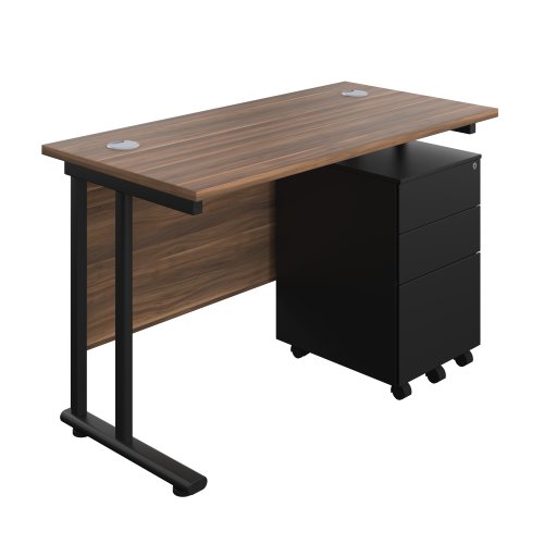 Twin Upright Rectangular Desk + Under Desk Steel Pedestal 3 Drawers (FSC) 1200X600 Dark Walnut/Black
