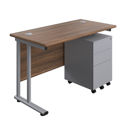 Twin Upright Rectangular Desk + Under Desk Steel Pedestal 3 Drawers (FSC) 1200X600 Dark Walnut/Silver