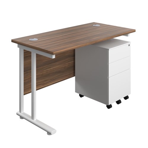 Twin Upright Rectangular Desk + Under Desk Steel Pedestal 3 Drawers (FSC) 1200X600 Dark Walnut/White
