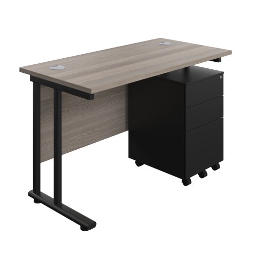 Twin Upright Rectangular Desk + Under Desk Steel Pedestal 3 Drawers (FSC) 1200X600 Grey Oak/Black