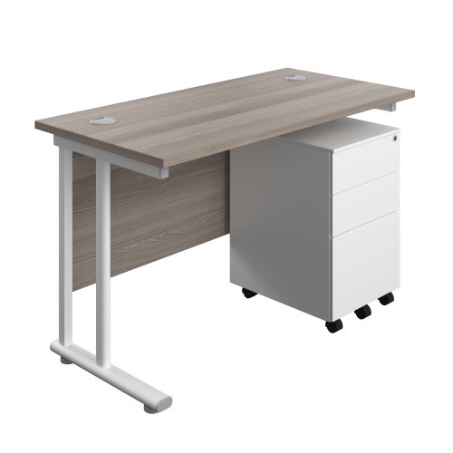 Twin Upright Rectangular Desk + Under Desk Steel Pedestal 3 Drawers (FSC) 1200X600 Grey Oak/White