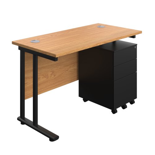 Twin Upright Rectangular Desk + Under Desk Steel Pedestal 3 Drawers (FSC) 1200X600 Nova Oak/Black