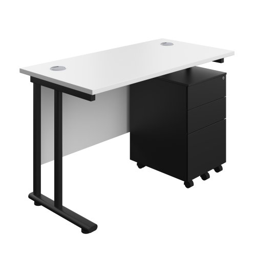 Twin Upright Rectangular Desk + Under Desk Steel Pedestal 3 Drawers (FSC) 1200X600 White/Black