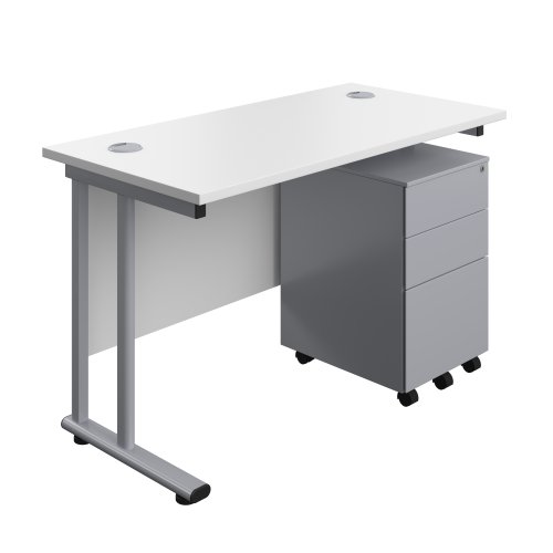 Twin Upright Rectangular Desk + Under Desk Steel Pedestal 3 Drawers (FSC) 1200X600 White/Silver