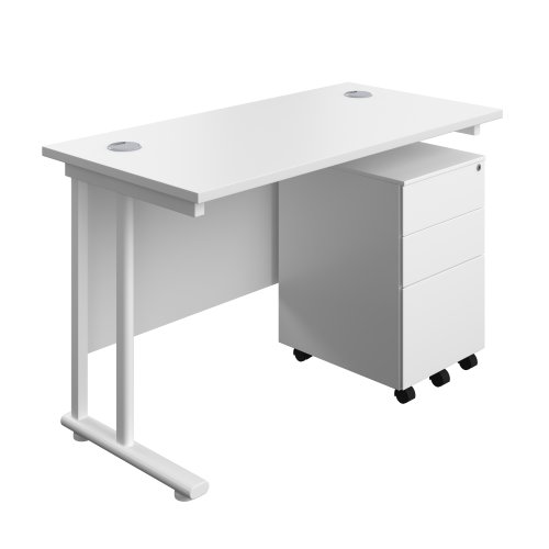 Twin Upright Rectangular Desk + Under Desk Steel Pedestal 3 Drawers (FSC) 1200X600 White/White