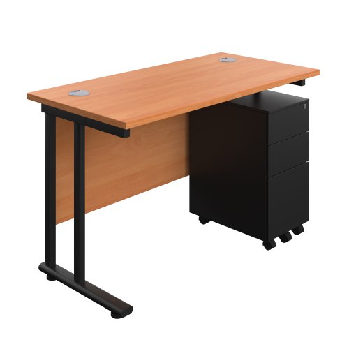 Twin Upright Rectangular Desk + Slimline Steel Pedestal 3 Drawers (FSC) 1200X600 Beech/Black