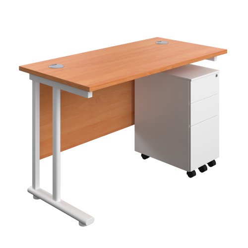 Twin Upright Rectangular Desk + Slimline Steel Pedestal 3 Drawers (FSC) 1200X600 Beech/White