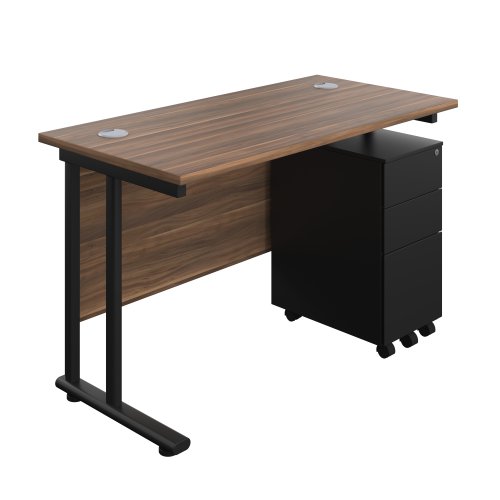 Twin Upright Rectangular Desk + Slimline Steel Pedestal 3 Drawers (FSC) 1200X600 Dark Walnut/Black