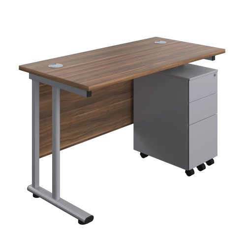 Twin Upright Rectangular Desk + Slimline Steel Pedestal 3 Drawers (FSC) 1200X600 Dark Walnut/Silver