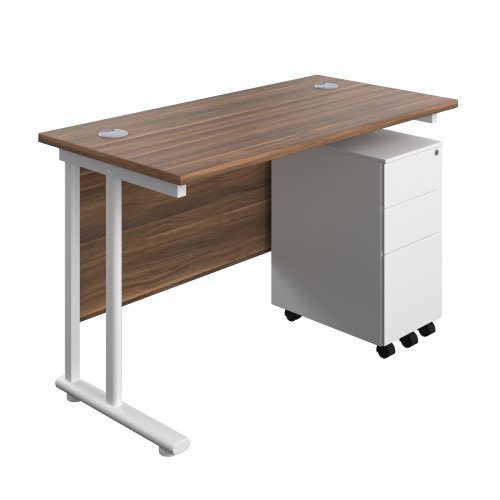 Twin Upright Rectangular Desk + Slimline Steel Pedestal 3 Drawers (FSC) 1200X600 Dark Walnut/White