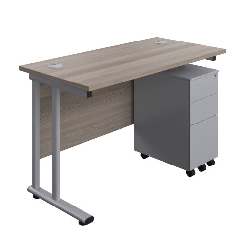 Twin Upright Rectangular Desk + Slimline Steel Pedestal 3 Drawers (FSC) 1200X600 Grey Oak/Silver