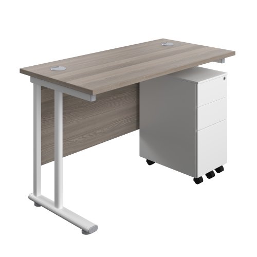 Twin Upright Rectangular Desk + Slimline Steel Pedestal 3 Drawers (FSC) 1200X600 Grey Oak/White