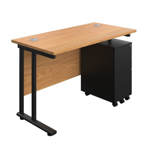 Twin Upright Rectangular Desk + Slimline Steel Pedestal 3 Drawers (FSC) 1200X600 Nova Oak/Black