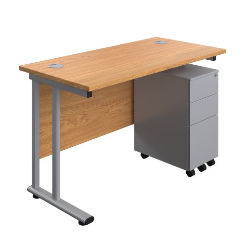 Twin Upright Rectangular Desk + Slimline Steel Pedestal 3 Drawers (FSC) 1200X600 Nova Oak/Silver