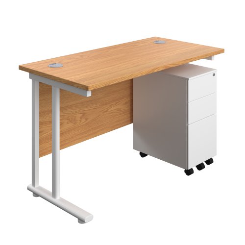 Twin Upright Rectangular Desk + Slimline Steel Pedestal 3 Drawers (FSC) 1200X600 Nova Oak/White