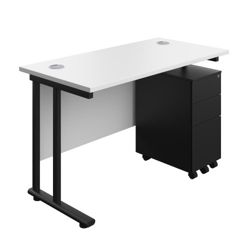 Twin Upright Rectangular Desk + Slimline Steel Pedestal 3 Drawers (FSC) 1200X600 White/Black