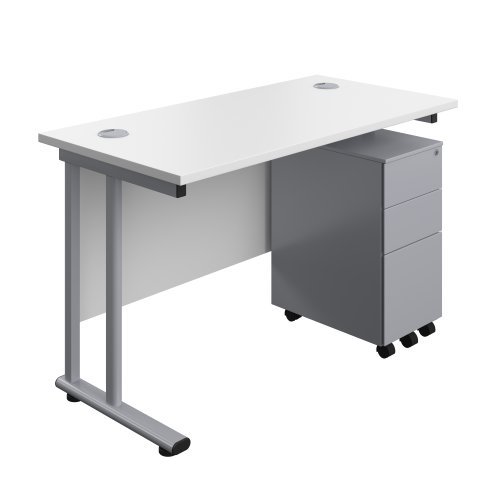 Twin Upright Rectangular Desk + Slimline Steel Pedestal 3 Drawers (FSC) 1200X600 White/Silver