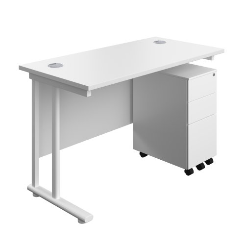 Twin Upright Rectangular Desk + Slimline Steel Pedestal 3 Drawers (FSC) 1200X600 White/White