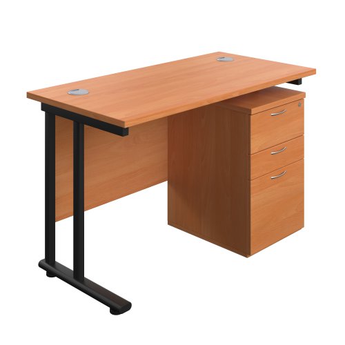 Twin Upright Rectangular Desk + High Mobile Pedestal 3 Drawer (FSC) 1200X600 Beech/Black