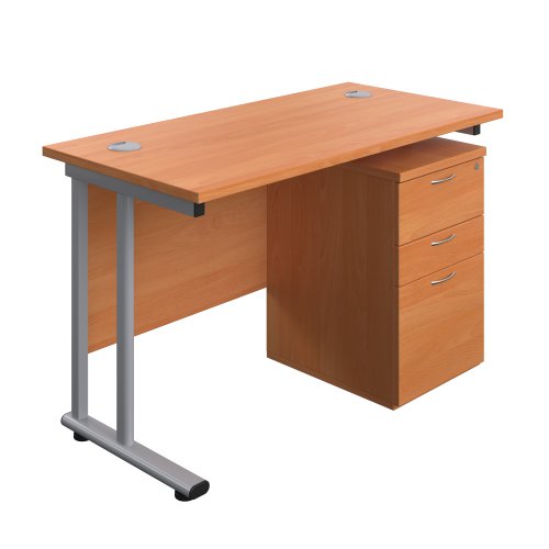 Twin Upright Rectangular Desk + High Mobile Pedestal 3 Drawer (FSC) 1200X600 Beech/Silver