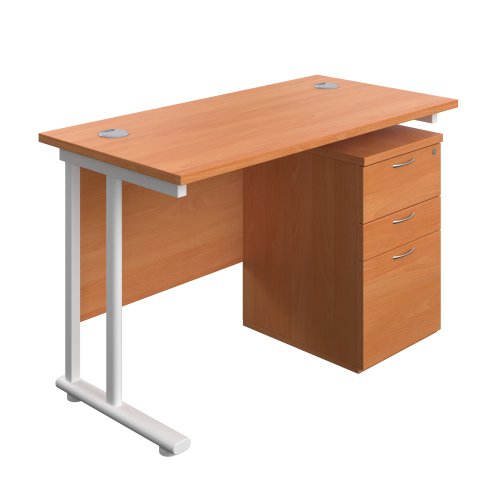 Twin Upright Rectangular Desk + High Mobile Pedestal 3 Drawer (FSC) 1200X600 Beech/White