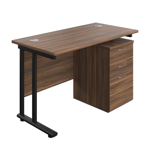 Twin Upright Rectangular Desk + High Mobile Pedestal 3 Drawer (FSC) 1200X600 Dark Walnut/Black