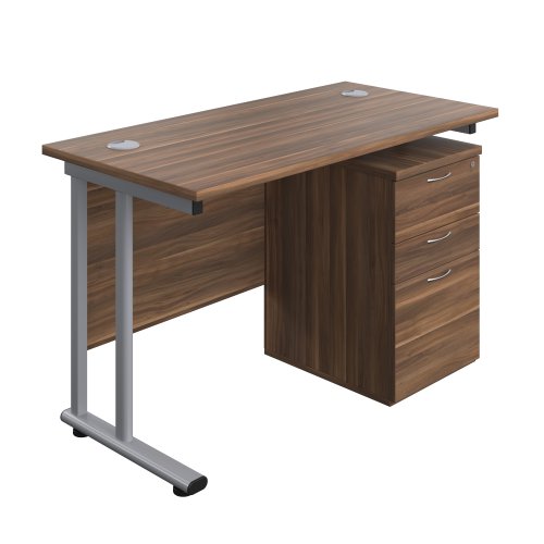 Twin Upright Rectangular Desk + High Mobile Pedestal 3 Drawer (FSC) 1200X600 Dark Walnut/Silver