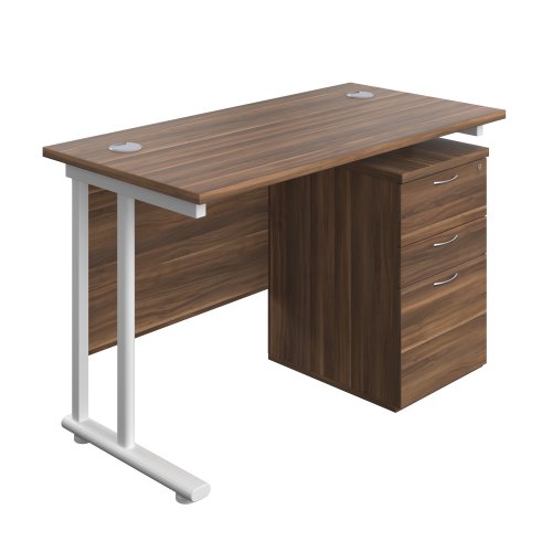 Twin Upright Rectangular Desk + High Mobile Pedestal 3 Drawer (FSC) 1200X600 Dark Walnut/White