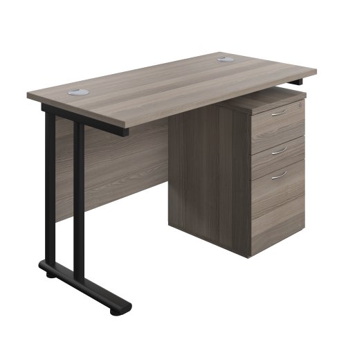 Twin Upright Rectangular Desk + High Mobile Pedestal 3 Drawer (FSC) 1200X600 Grey Oak/Black