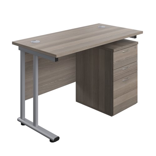 Twin Upright Rectangular Desk + High Mobile Pedestal 3 Drawer (FSC) 1200X600 Grey Oak/Silver