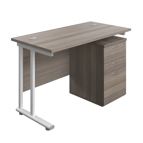 Twin Upright Rectangular Desk + High Mobile Pedestal 3 Drawer (FSC) 1200X600 Grey Oak/White