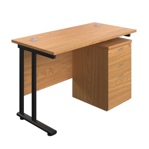 Twin Upright Rectangular Desk + High Mobile Pedestal 3 Drawer (FSC) 1200X600 Nova Oak/Black