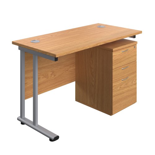 Twin Upright Rectangular Desk + High Mobile Pedestal 3 Drawer (FSC) 1200X600 Nova Oak/Silver