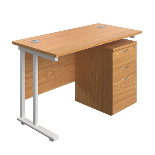 Twin Upright Rectangular Desk + High Mobile Pedestal 3 Drawer (FSC) 1200X600 Nova Oak/White