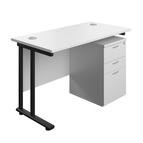 Twin Upright Rectangular Desk + High Mobile Pedestal 3 Drawer (FSC) 1200X600 White/Black