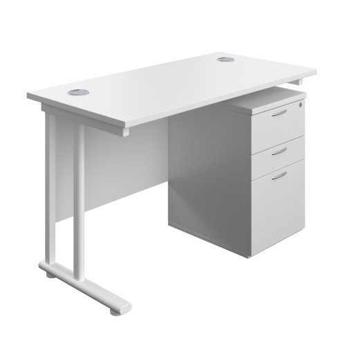 Twin Upright Rectangular Desk + High Mobile Pedestal 3 Drawer (FSC) 1200X600 White/White